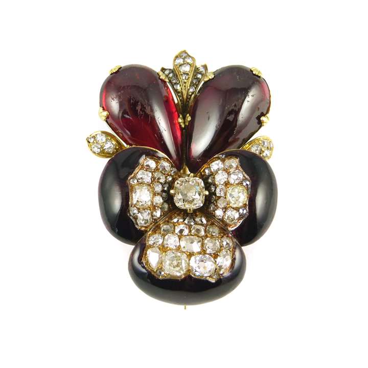 Antique carbuncle garnet, diamond and enamel pansy brooch